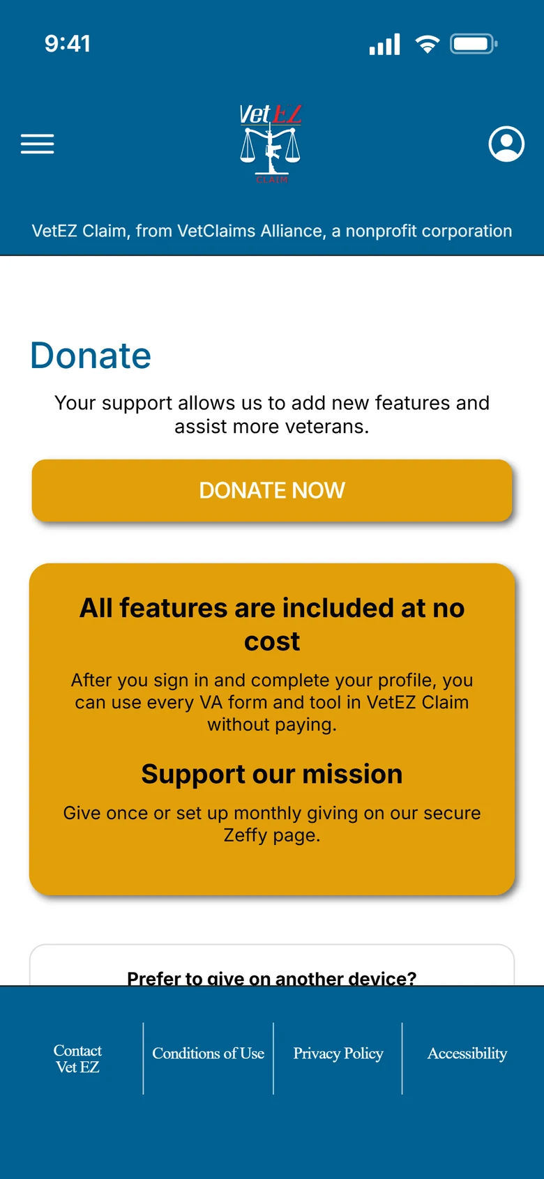 Donate screen: every feature is included at no cost, and donations are optional