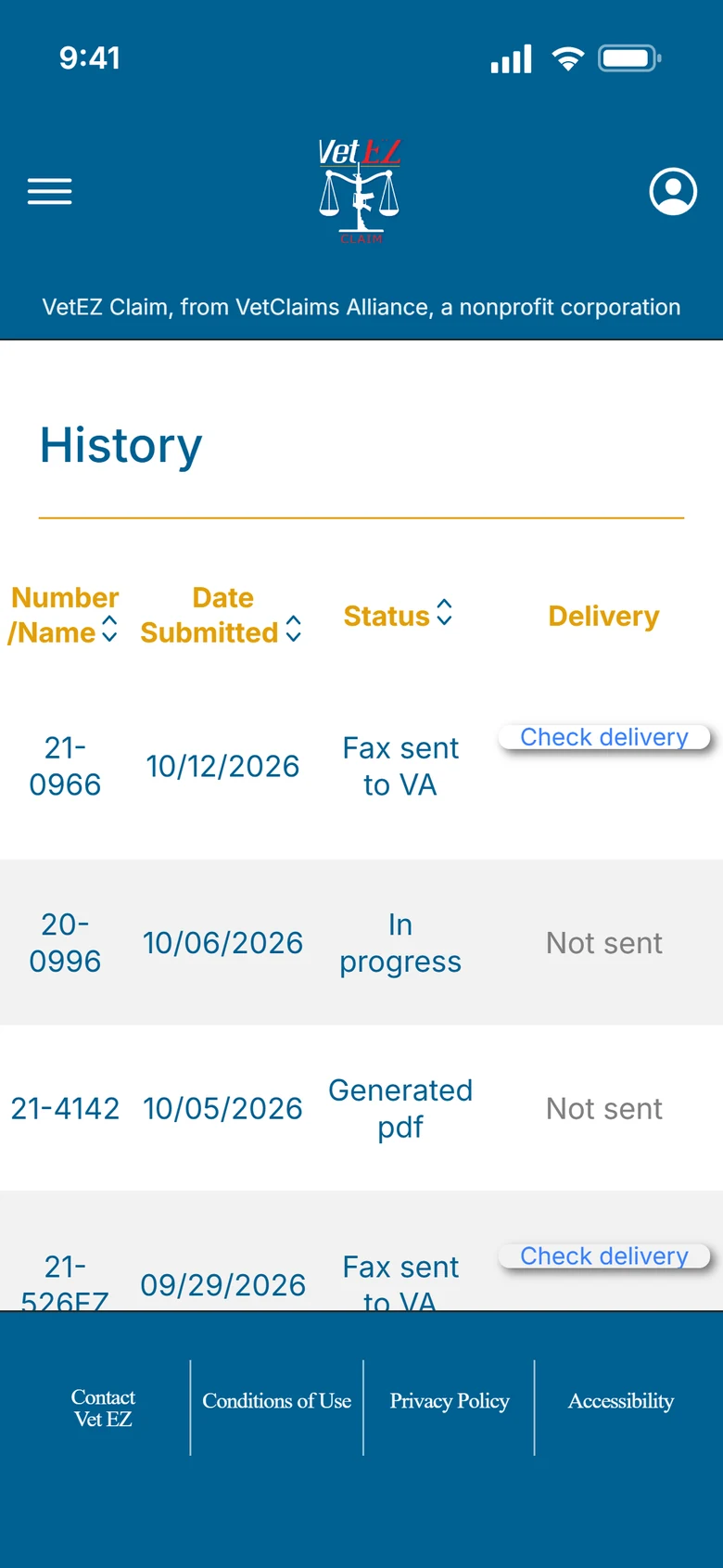 History screen listing sample forms with their dates, status and fax delivery check