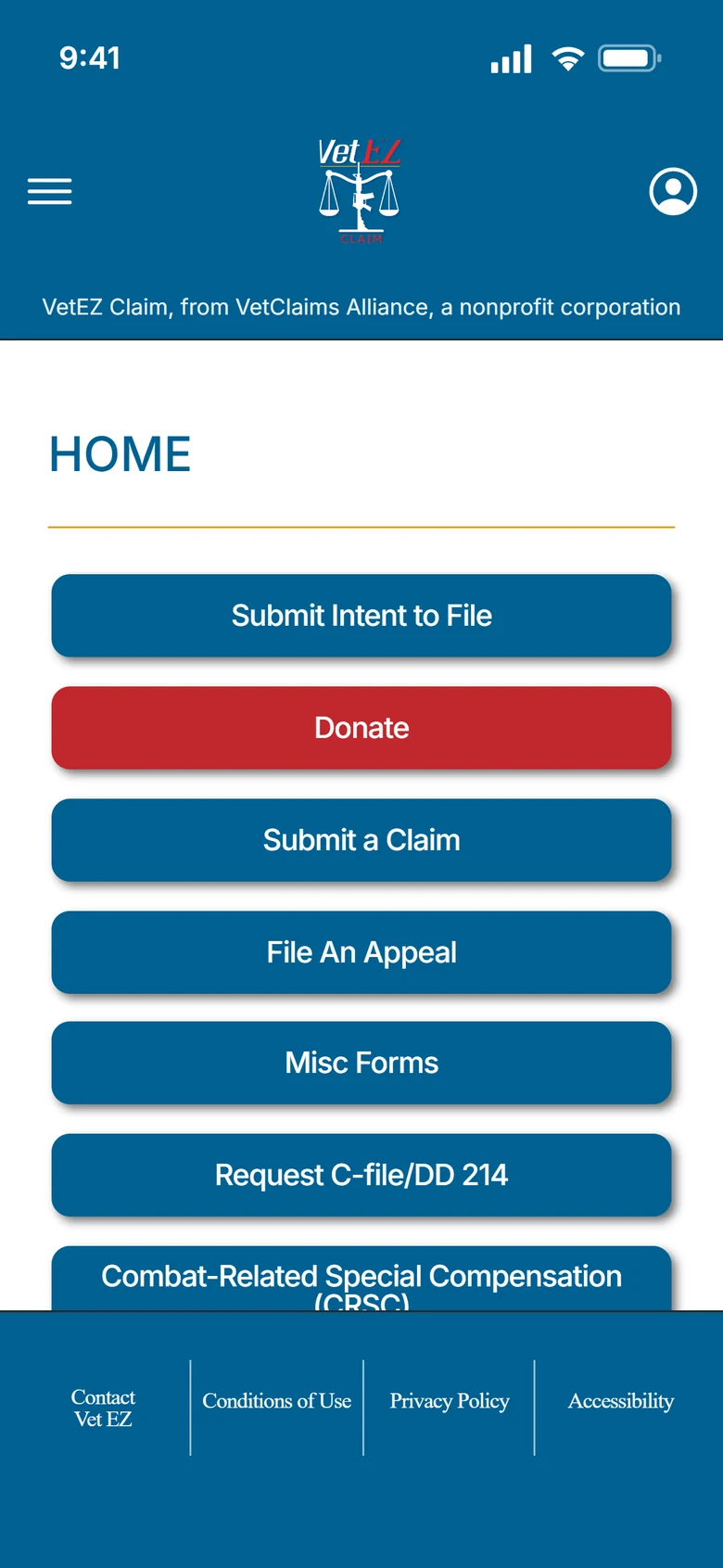 VetEZ Claim home screen with buttons for Intent to File, claims, appeals and other forms