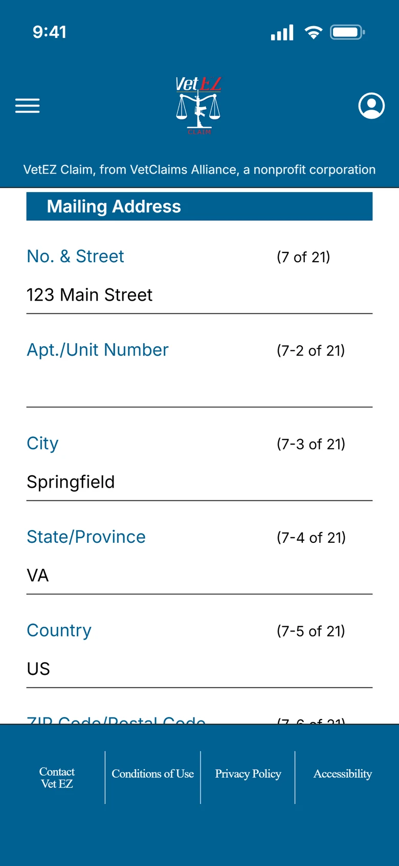 Mailing address questions in a VA form, one field at a time, filled in with sample answers