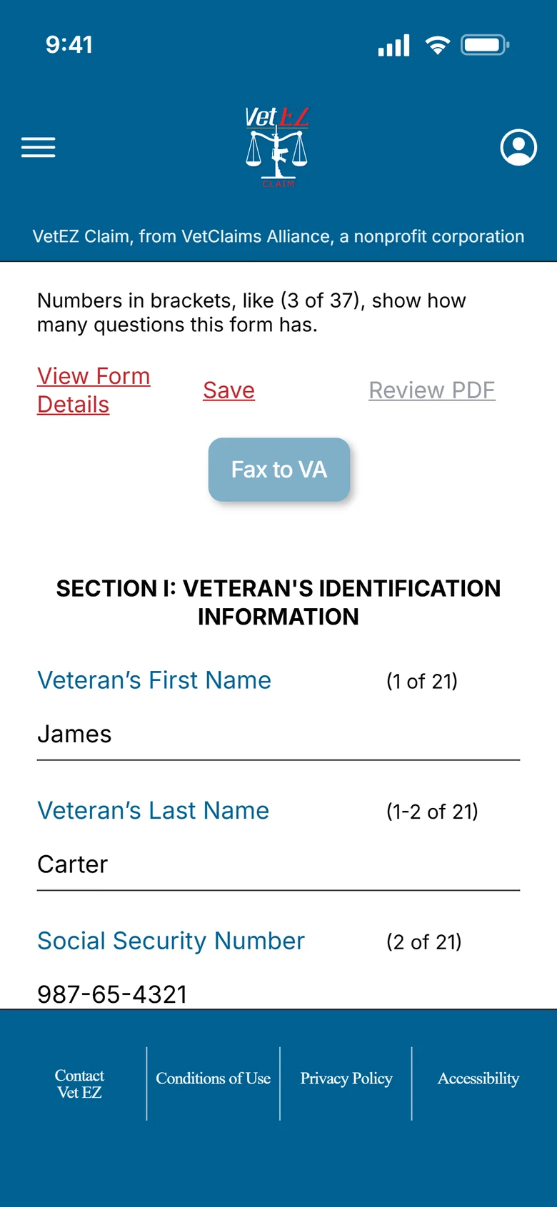 Intent to File form in the app, with View Form Details, Save, Review PDF and Fax to VA