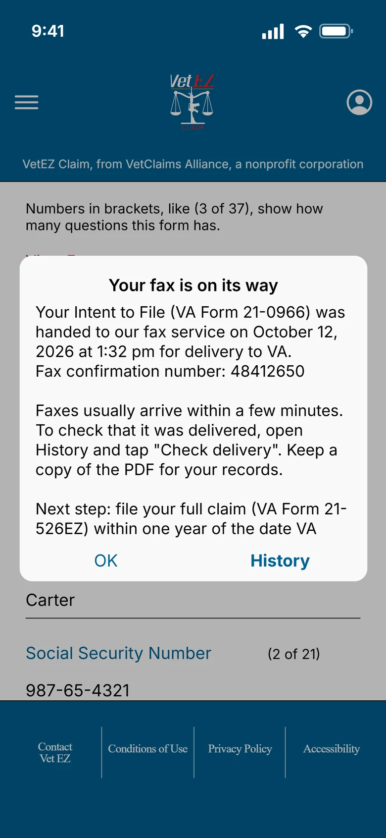 Message in the app confirming an Intent to File was handed to the fax service for VA